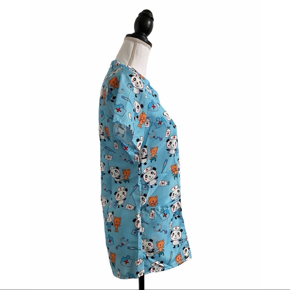 Scrub Top Medical Personnel Blue Panda & Teddy Bear Nurse Print Women’s Medium - Picture 4 of 5